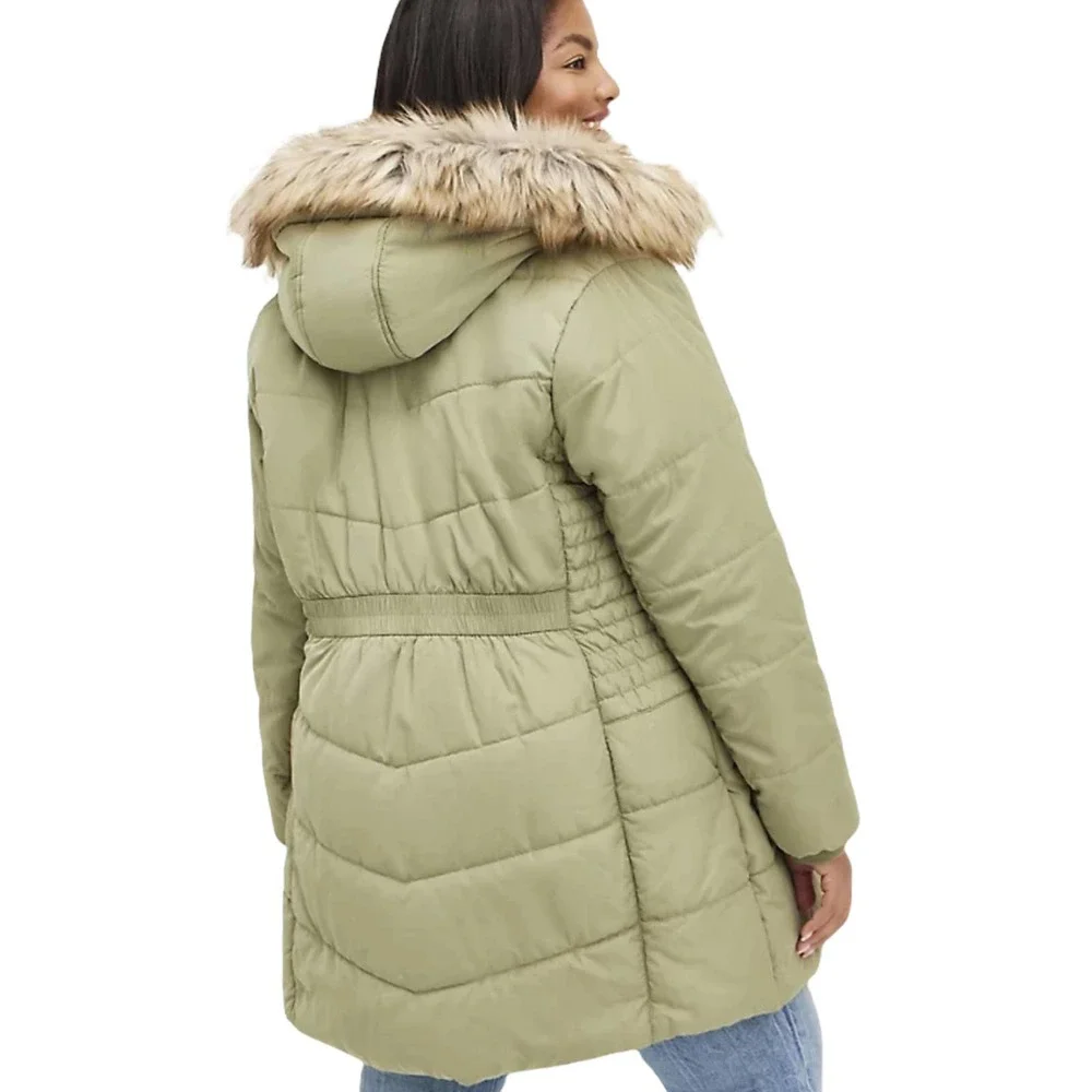 Torrid NWT Fit & Flare Puffer Jacket - Twill Olive Green Size 5X Removable Hood - Picture 2 of 10